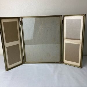 Vintage Gold Metal Hinged Tri Fold Picture Frame 16" X10"